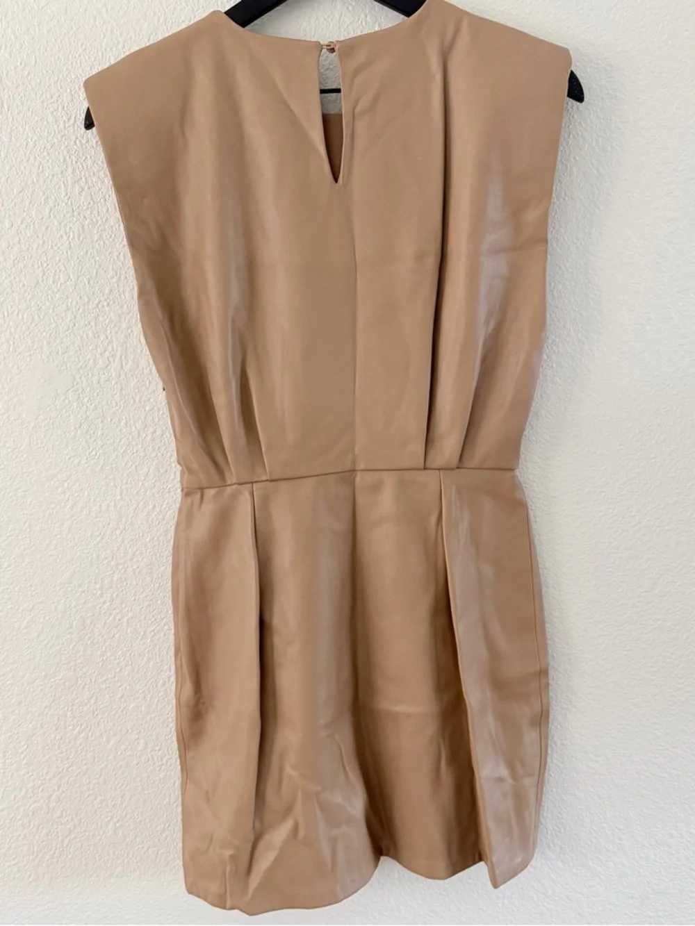 NWT Zara Sleeveless Shoulder Pad Cinch Waist Mini Dress Faux Leather Brown Tan M
